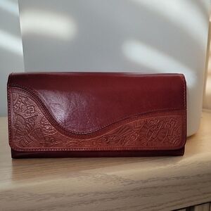 Derek Alexander Dark Red Leather Wallet w Embossed Bird Design